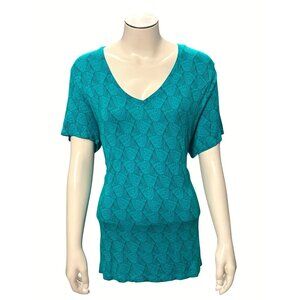 Apt 9 Modern Essential V Neck Short Sleeve Top Teal Geometric Pattern Rayon XLG